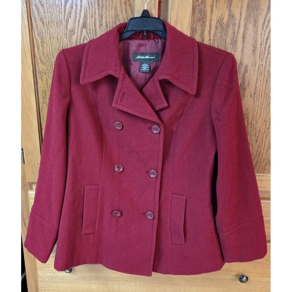 Eddie Bauer Womens Peacoat Large Burgundy Wool Blend Double-Breasted Coat Preppy